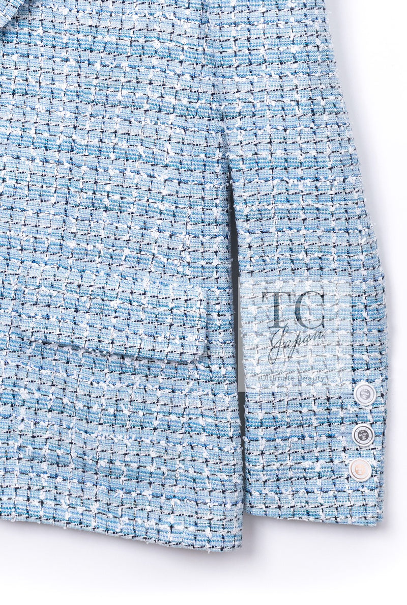 CHANEL 19C Light Blue LA PAUSA Buttons Tweed Jacket 40 シャネル ライト ブルー ラ パウザ ボタン ツイード ジャケット 即発