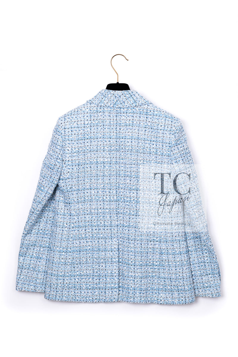CHANEL 19C Light Blue LA PAUSA Buttons Tweed Jacket 40 シャネル ライト ブルー ラ パウザ ボタン ツイード ジャケット 即発