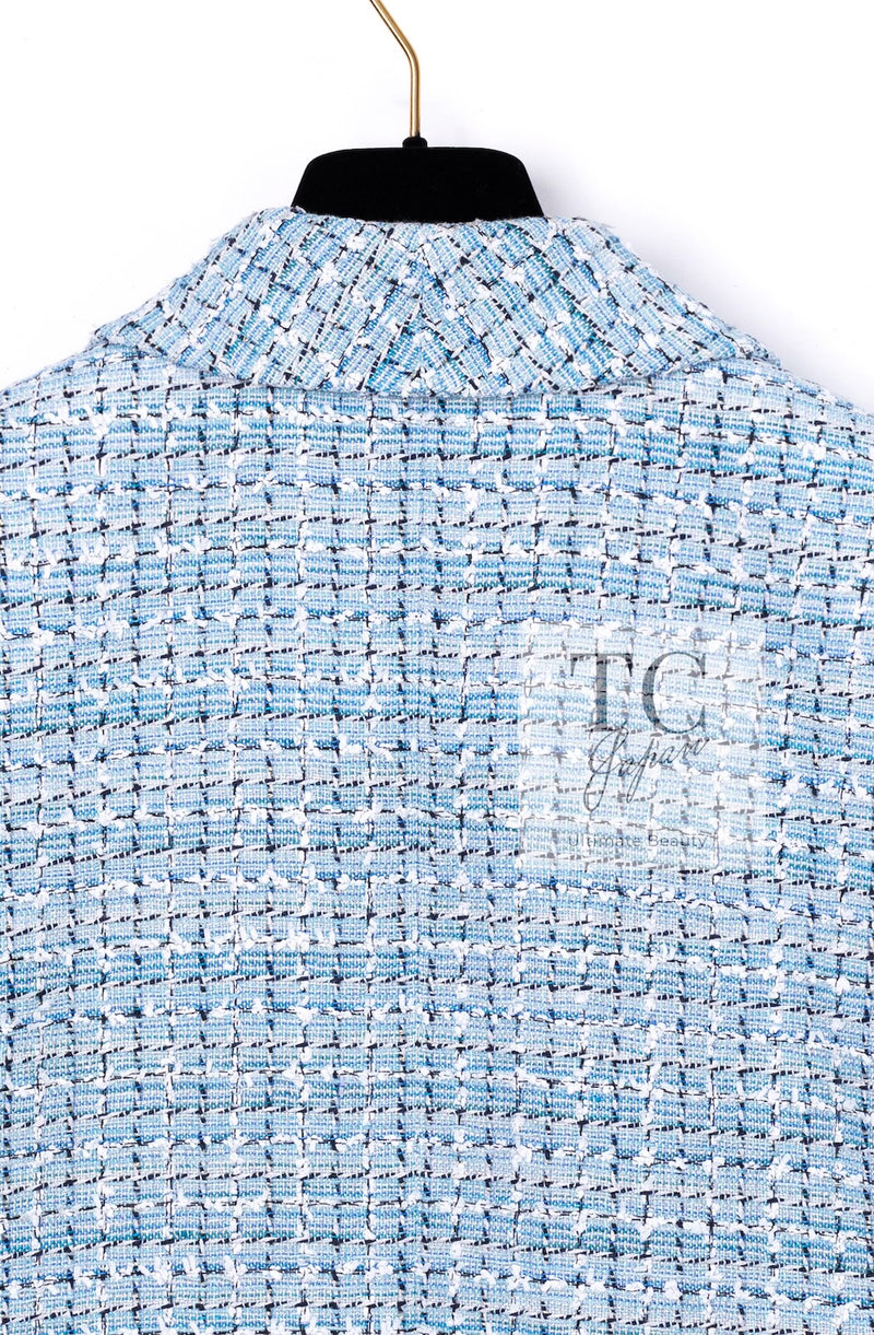 CHANEL 19C Light Blue LA PAUSA Buttons Tweed Jacket 40 シャネル ライト ブルー ラ パウザ ボタン ツイード ジャケット 即発