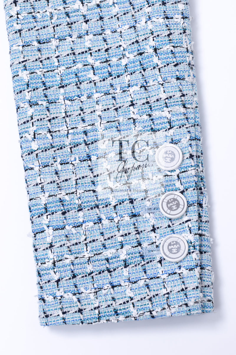 CHANEL 19C Light Blue LA PAUSA Buttons Tweed Jacket 40 シャネル ライト ブルー ラ パウザ ボタン ツイード ジャケット 即発