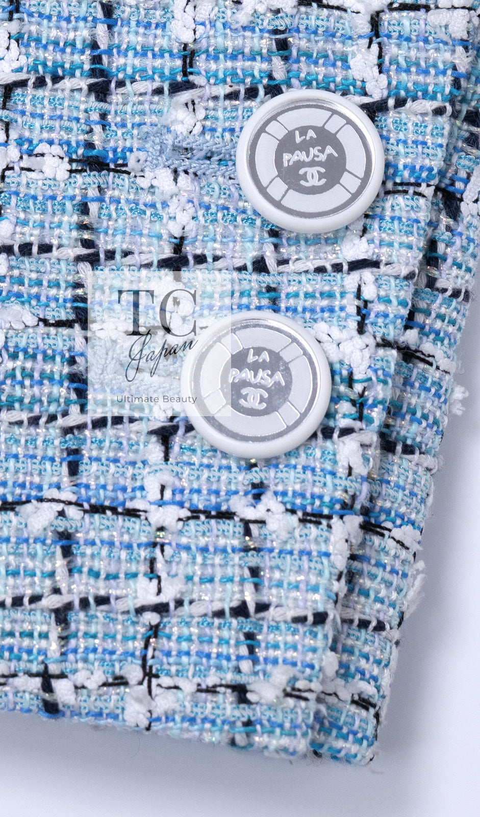 CHANEL 19C Light Blue LA PAUSA Buttons Tweed Jacket 40 シャネル ライト ブルー ラ パウザ ボタン ツイード ジャケット 即発