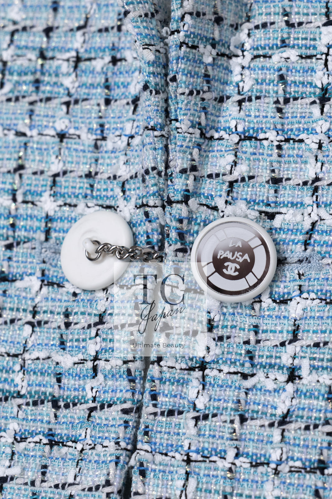 CHANEL 19C Light Blue LA PAUSA Buttons Tweed Jacket 40 シャネル ライト ブルー ラ パウザ ボタン ツイード ジャケット 即発