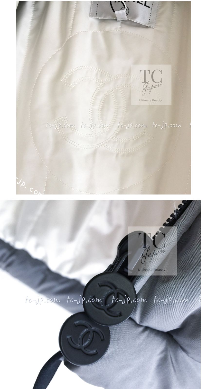 シャネル ダウン ジャケット CHANEL ライトグレー ブラック リボン