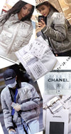 CHANEL 17B Light Grey Black Bow Logo Down Coat Jacket 34 36 シャネル ライトグレー ブラック リボン ロゴ ダウン ジャケット コート 即発