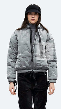 CHANEL 17B Light Grey Black Bow Logo Down Coat Jacket 34 36 シャネル ライトグレー ブラック リボン ロゴ ダウン ジャケット コート 即発