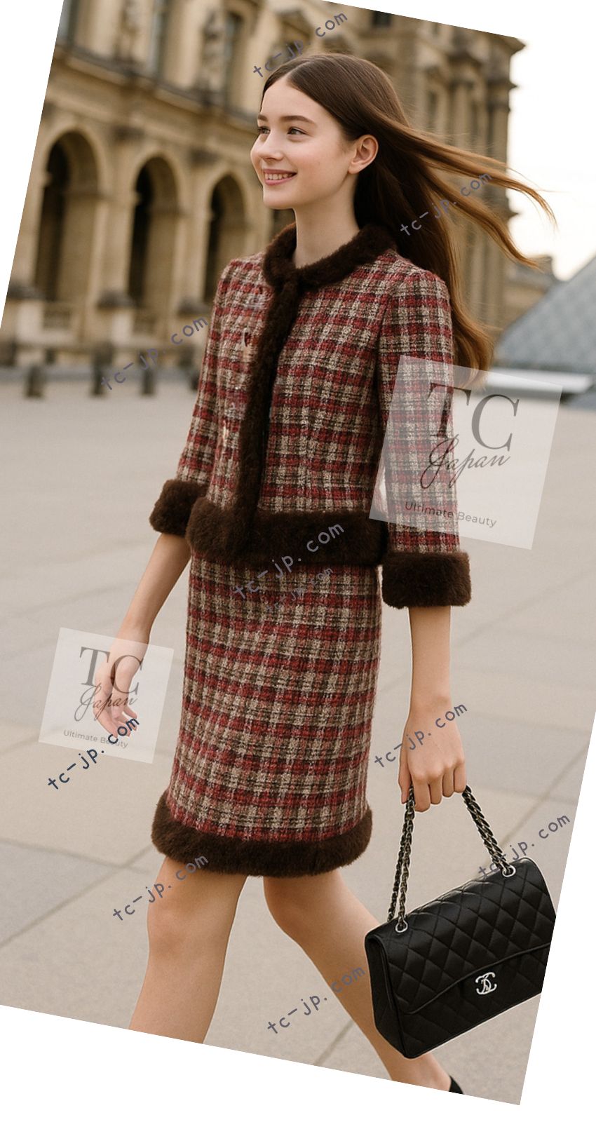 CHANEL Jacket Skirt Suit 05A Rabbit Fur Trim Raspberry Brown Tweed 