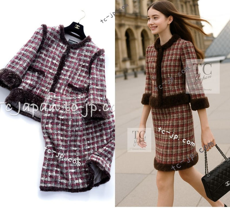 CHANEL 05A Rabbit Fur Trim Raspberry Brown Tweed Jacket Skirt Suit 38 シャネル ラビット・ファートリム・ラズベリー・ブラウン・ツイード・ジャケット・スカート・スーツ 即発