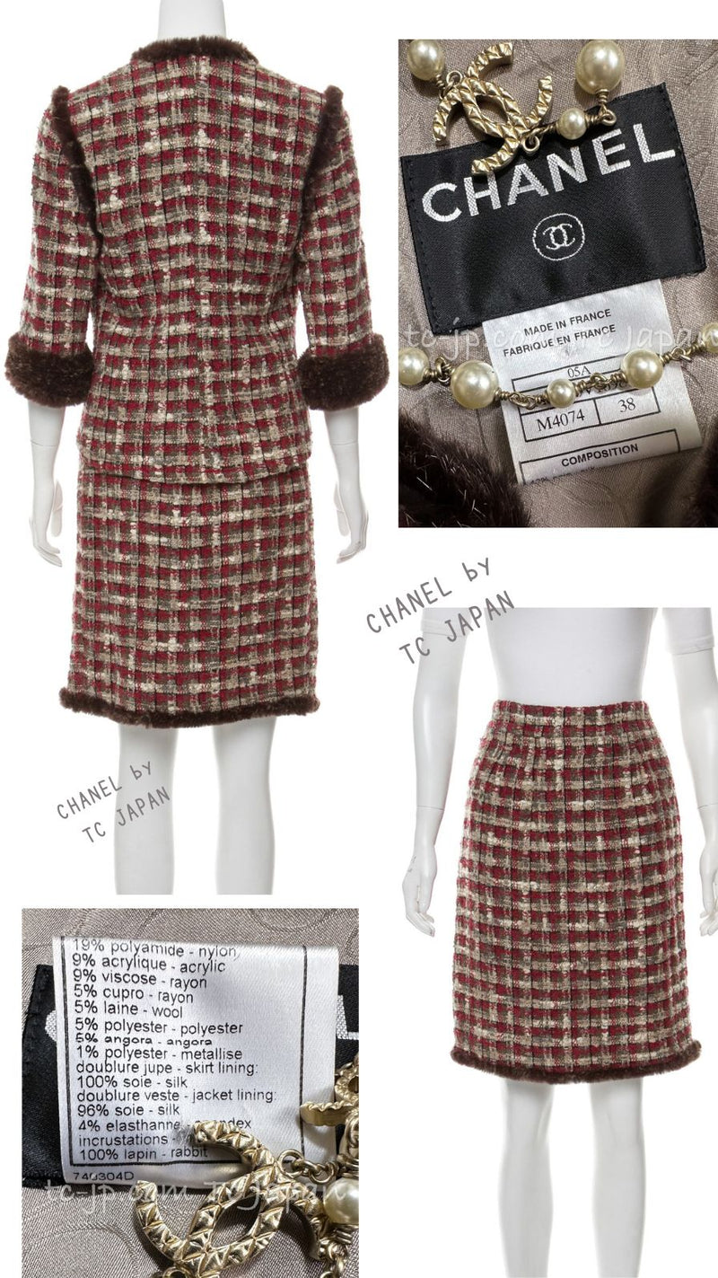 CHANEL 05A Rabbit Fur Trim Raspberry Brown Tweed Jacket Skirt Suit 38 シャネル ラビット・ファートリム・ラズベリー・ブラウン・ツイード・ジャケット・スカート・スーツ 即発