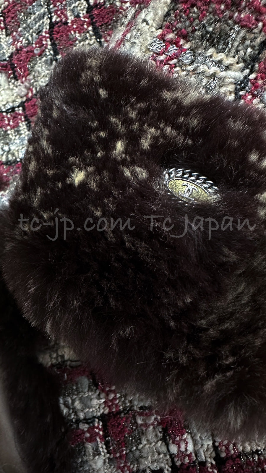 CHANEL 05A Rabbit Fur Trim Raspberry Brown Tweed Jacket Skirt Suit 38 シャネル ラビット・ファートリム・ラズベリー・ブラウン・ツイード・ジャケット・スカート・スーツ 即発