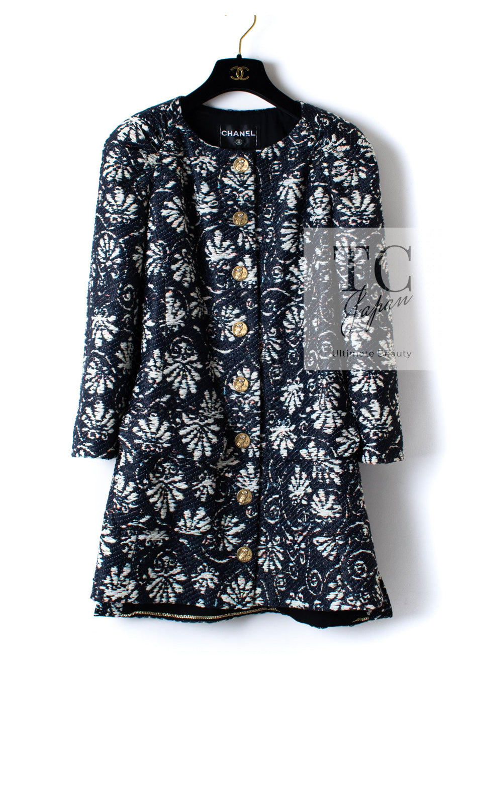 CHANEL 18C Navy Black Multi Camellia Jacquard Jacket Coat 34 36 シャネル ネイビー ブラック カメリア刺繍 ジャガード ジャケット コート