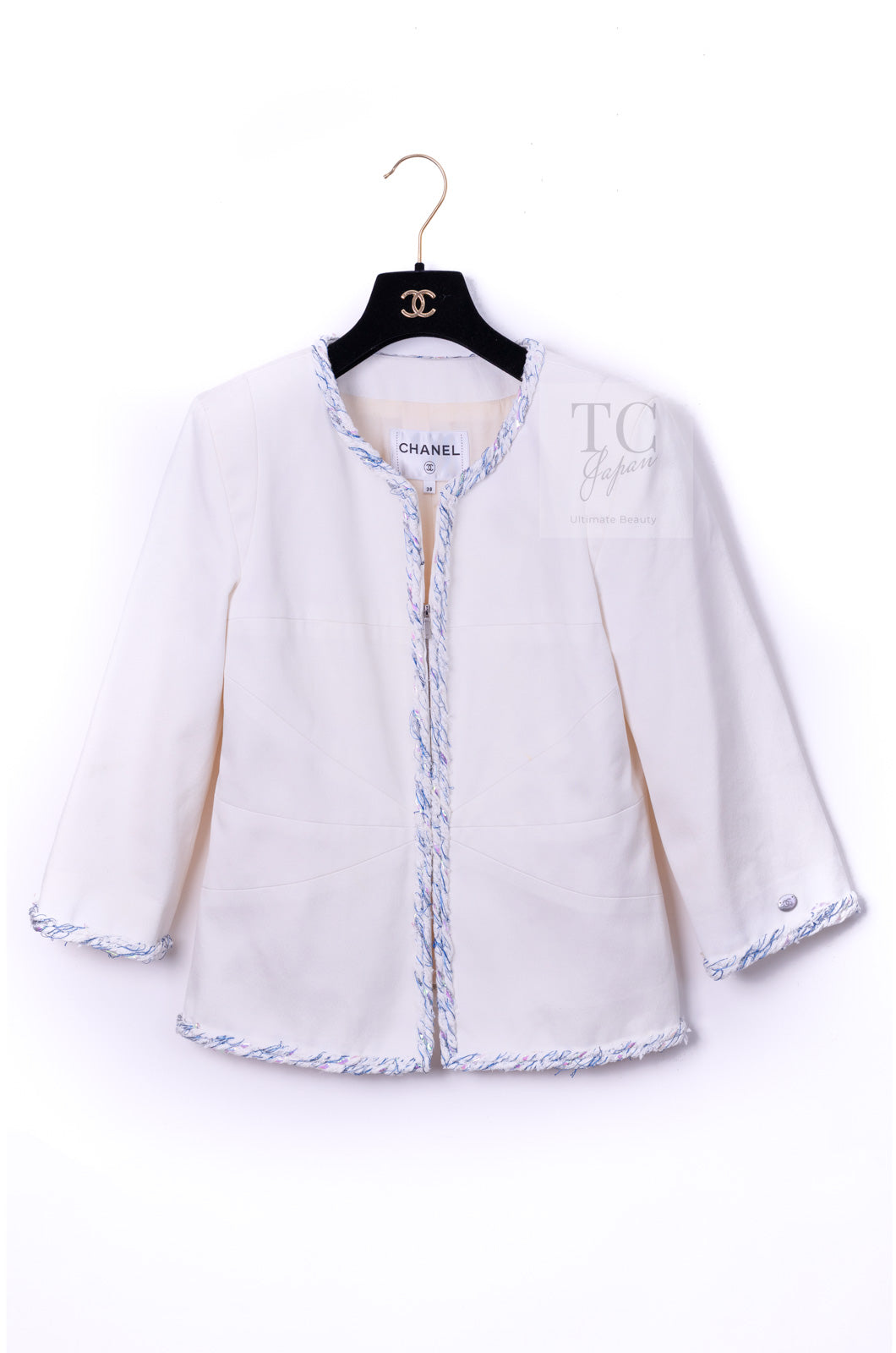 CHANEL 18S White Blue Trim Zipup Cotton Jacket 38 シャネル ホワイト ブルー トリム ジップアップ コットン ジャケット 即発