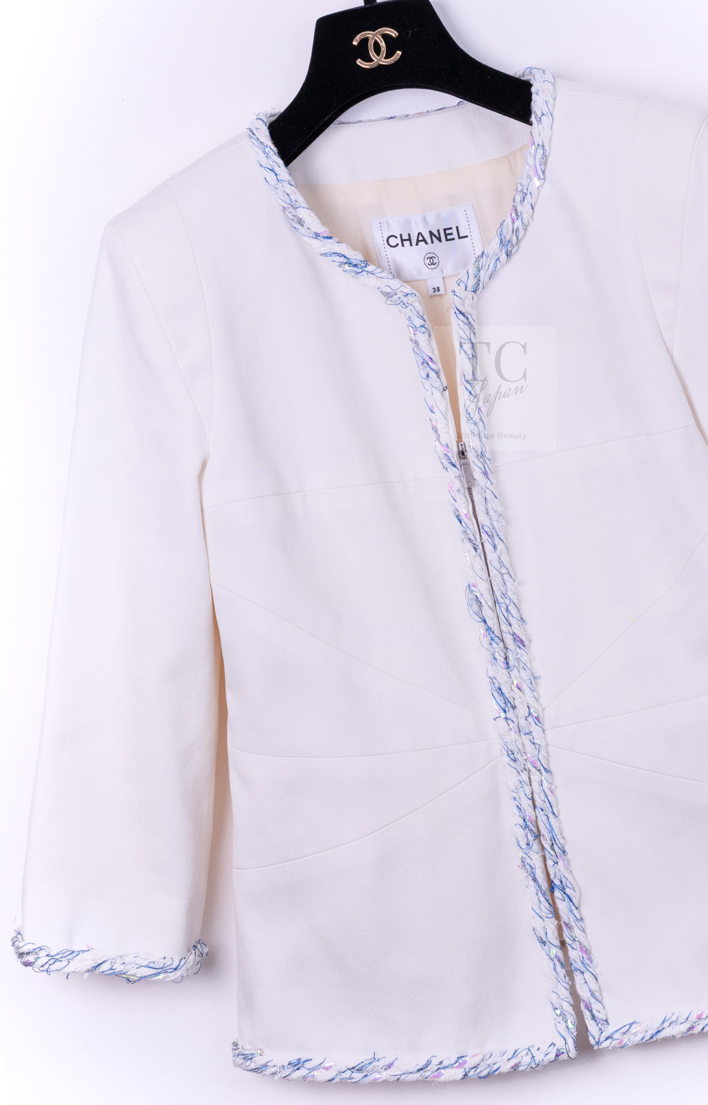 CHANEL 18S White Blue Trim Zipup Cotton Jacket 38 シャネル ホワイト ブルー トリム ジップアップ コットン ジャケット 即発