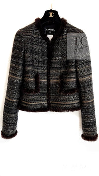 CHANEL 05A Black Charcoal Gray Rabbit Fur Trim Jacket Skirt Suit 38 42 シャネル ブラック チャコール グレー ラビット ファー トリム ツイード ジャケット スカート スーツ 即発