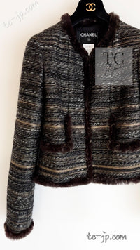CHANEL 05A Black Charcoal Gray Rabbit Fur Trim Jacket Skirt Suit 38 42 シャネル ブラック チャコール グレー ラビット ファー トリム ツイード ジャケット スカート スーツ 即発
