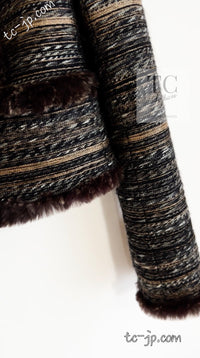 CHANEL 05A Black Charcoal Gray Rabbit Fur Trim Jacket Skirt Suit 38 42 シャネル ブラック チャコール グレー ラビット ファー トリム ツイード ジャケット スカート スーツ 即発