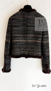 CHANEL 05A Black Charcoal Gray Rabbit Fur Trim Jacket Skirt Suit 38 42 シャネル ブラック チャコール グレー ラビット ファー トリム ツイード ジャケット スカート スーツ 即発