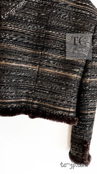 CHANEL 05A Black Charcoal Gray Rabbit Fur Trim Jacket Skirt Suit 38 42 シャネル ブラック チャコール グレー ラビット ファー トリム ツイード ジャケット スカート スーツ 即発