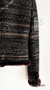 CHANEL 05A Black Charcoal Gray Rabbit Fur Trim Jacket Skirt Suit 38 42 シャネル ブラック チャコール グレー ラビット ファー トリム ツイード ジャケット スカート スーツ 即発