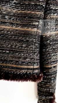 CHANEL 05A Black Charcoal Gray Rabbit Fur Trim Jacket Skirt Suit 38 42 シャネル ブラック チャコール グレー ラビット ファー トリム ツイード ジャケット スカート スーツ 即発