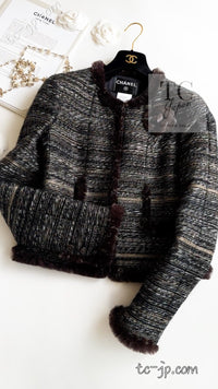 CHANEL 05A Black Charcoal Gray Rabbit Fur Trim Jacket Skirt Suit 38 42 シャネル ブラック チャコール グレー ラビット ファー トリム ツイード ジャケット スカート スーツ 即発