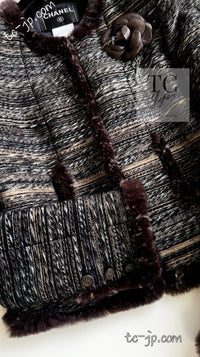 CHANEL 05A Black Charcoal Gray Rabbit Fur Trim Jacket Skirt Suit 38 42 シャネル ブラック チャコール グレー ラビット ファー トリム ツイード ジャケット スカート スーツ 即発