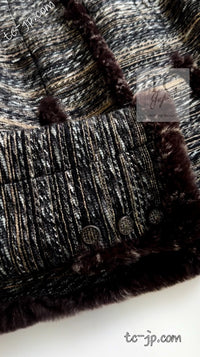 CHANEL 05A Black Charcoal Gray Rabbit Fur Trim Jacket Skirt Suit 38 42 シャネル ブラック チャコール グレー ラビット ファー トリム ツイード ジャケット スカート スーツ 即発