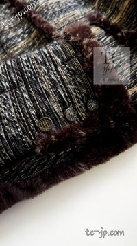 CHANEL 05A Black Charcoal Gray Rabbit Fur Trim Jacket Skirt Suit 38 42 シャネル ブラック チャコール グレー ラビット ファー トリム ツイード ジャケット スカート スーツ 即発