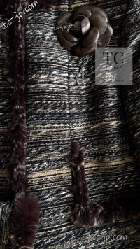 CHANEL 05A Black Charcoal Gray Rabbit Fur Trim Jacket Skirt Suit 38 42 シャネル ブラック チャコール グレー ラビット ファー トリム ツイード ジャケット スカート スーツ 即発