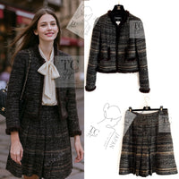 CHANEL 05A Black Charcoal Gray Rabbit Fur Trim Jacket Skirt Suit 38 42 シャネル ブラック チャコール グレー ラビット ファー トリム ツイード ジャケット スカート スーツ 即発