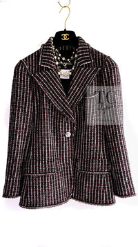 CHANEL 08A Red Black Gray Stripe Wool Cashemre Silk Angora Jacket 36 シャネル レッド ブラック グレー ストライプ ウール カシミア シルク アンゴラ ジャケット 即発