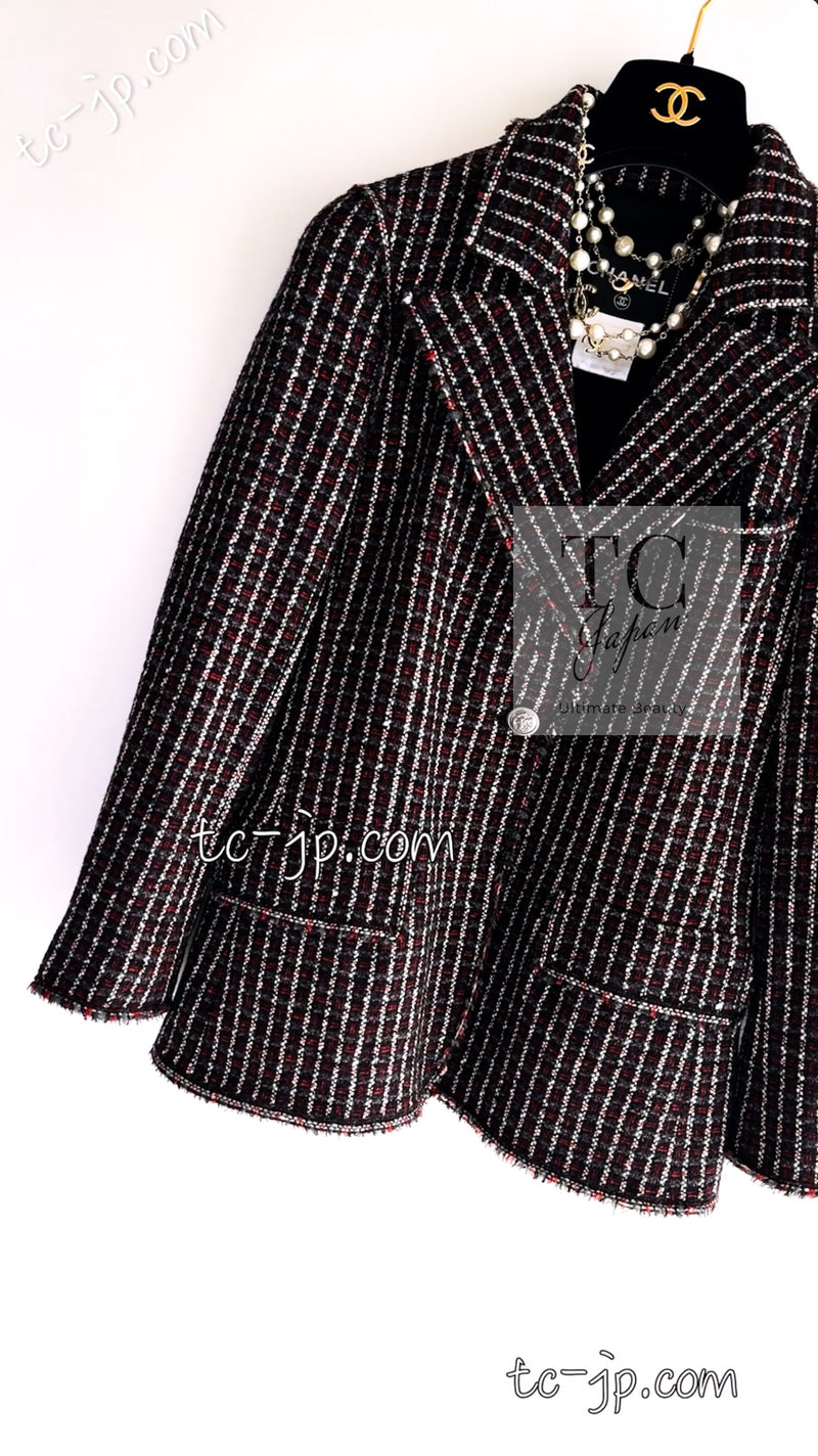 CHANEL 08A Red Black Gray Stripe Wool Cashemre Silk Angora Jacket 36 シャネル レッド ブラック グレー ストライプ ウール カシミア シルク アンゴラ ジャケット 即発