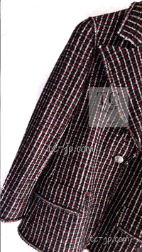 CHANEL 08A Red Black Gray Stripe Wool Cashemre Silk Angora Jacket 36 シャネル レッド ブラック グレー ストライプ ウール カシミア シルク アンゴラ ジャケット 即発