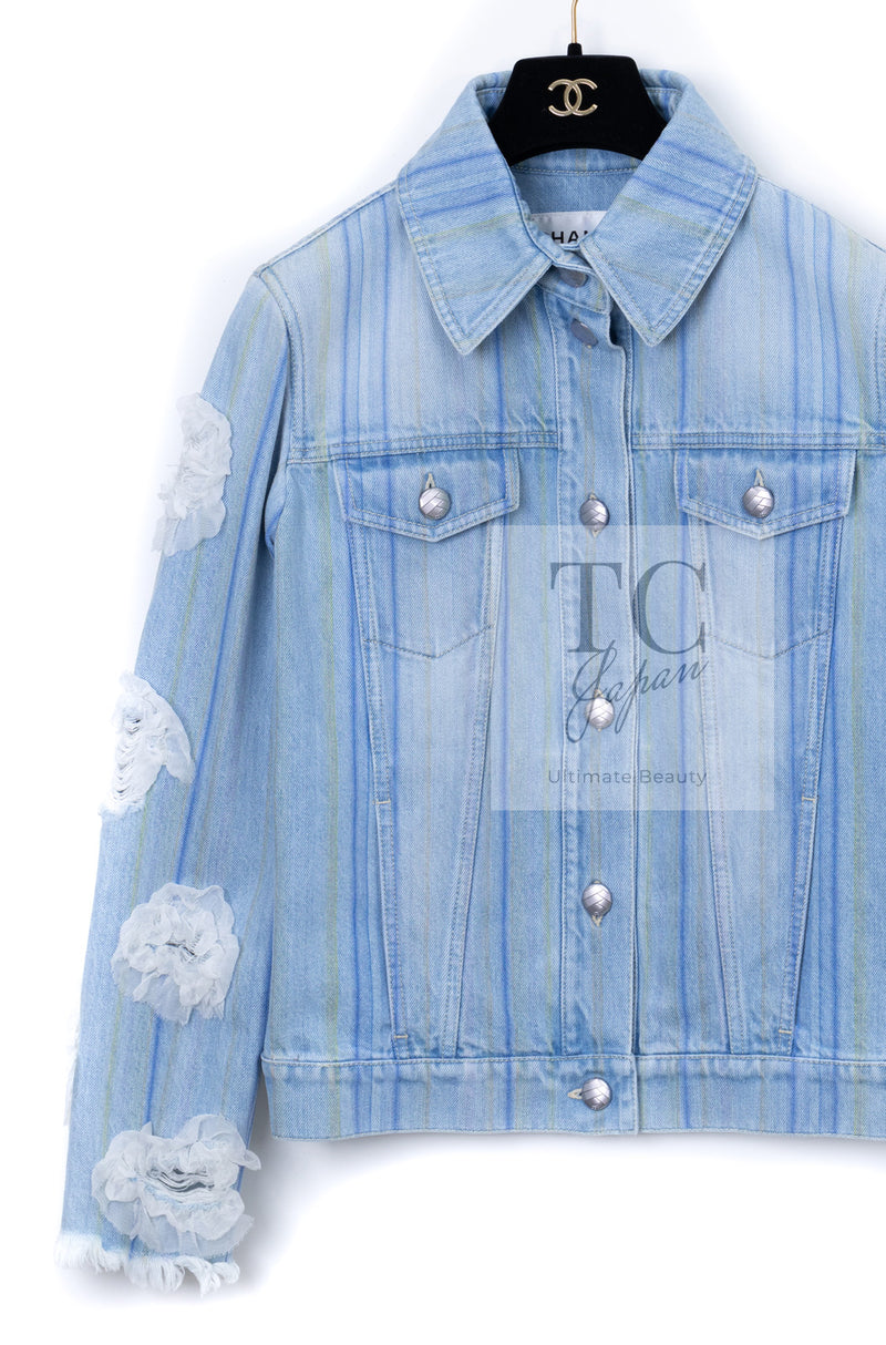CHANEL 18S Light Blue Cotton Wash Denim Camellia Jacket Skirt Suit Set Up 36 38 シャネル ライト ブルー コットン デニム ウォッシュ カメリア ジャケット スカート スーツ セット アップ 即発