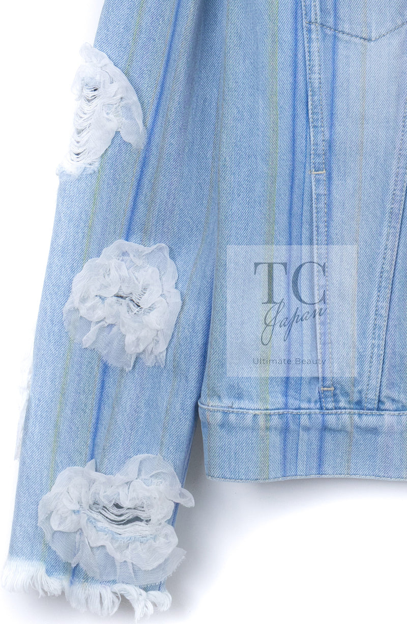 CHANEL 18S Light Blue Cotton Wash Denim Camellia Jacket Skirt Suit Set Up 36 38 シャネル ライト ブルー コットン デニム ウォッシュ カメリア ジャケット スカート スーツ セット アップ 即発