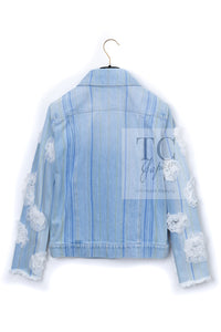 CHANEL 18S Light Blue Cotton Wash Denim Camellia Jacket Skirt Suit Set Up 36 38 シャネル ライト ブルー コットン デニム ウォッシュ カメリア ジャケット スカート スーツ セット アップ 即発