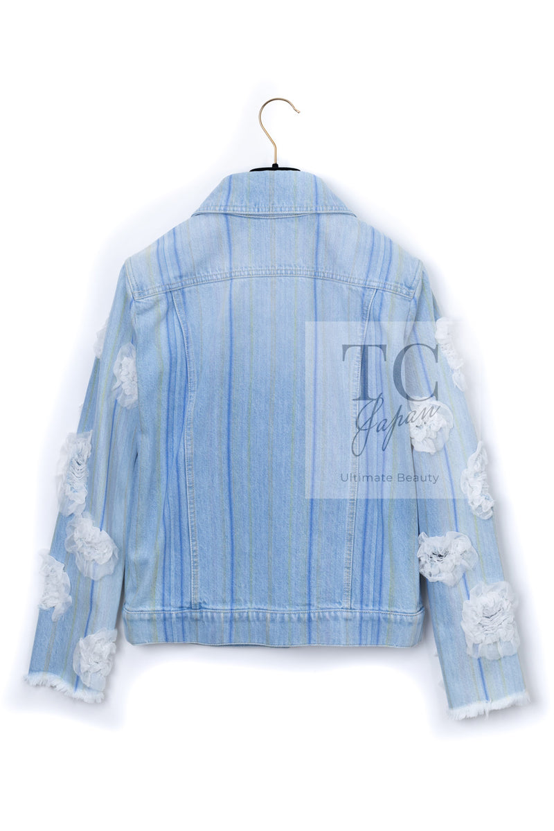 CHANEL 18S Light Blue Cotton Wash Denim Camellia Jacket Skirt Suit Set Up 36 38 シャネル ライト ブルー コットン デニム ウォッシュ カメリア ジャケット スカート スーツ セット アップ 即発