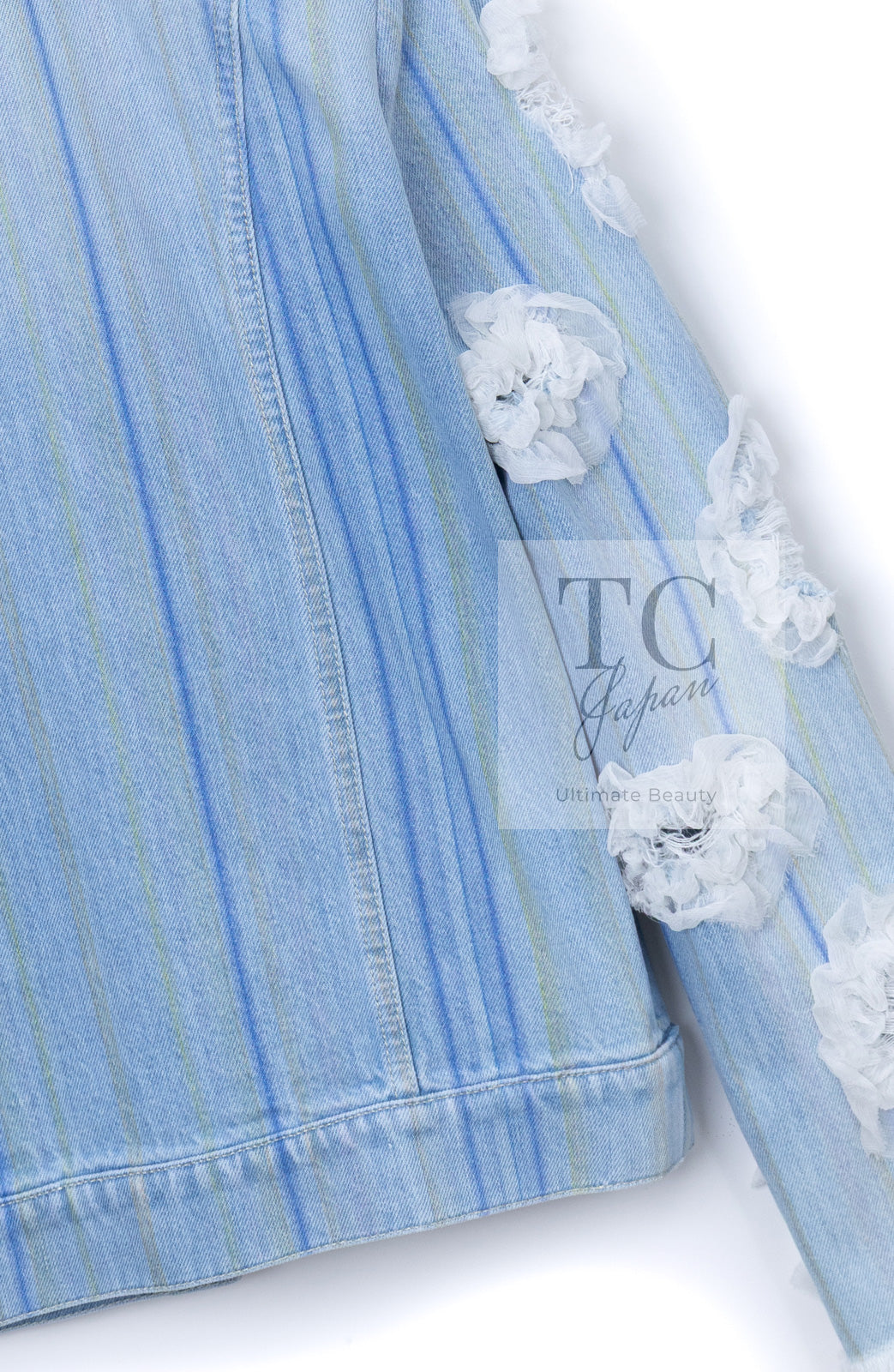 CHANEL 18S Light Blue Cotton Wash Denim Camellia Jacket Skirt Suit Set Up 36 38 シャネル ライト ブルー コットン デニム ウォッシュ カメリア ジャケット スカート スーツ セット アップ 即発