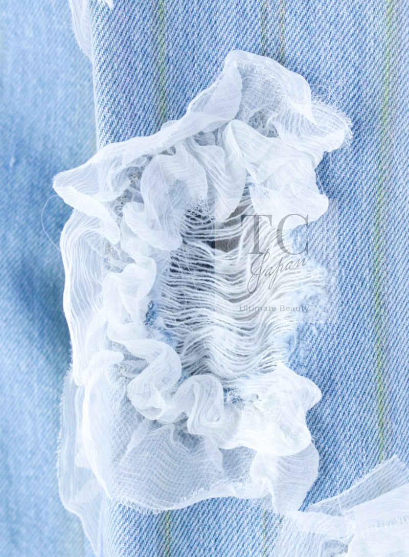 CHANEL 18S Light Blue Cotton Wash Denim Camellia Jacket Skirt Suit Set Up 36 38 シャネル ライト ブルー コットン デニム ウォッシュ カメリア ジャケット スカート スーツ セット アップ 即発