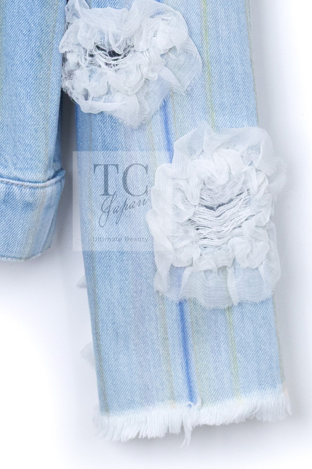 CHANEL 18S Light Blue Cotton Wash Denim Camellia Jacket Skirt Suit Set Up 36 38 シャネル ライト ブルー コットン デニム ウォッシュ カメリア ジャケット スカート スーツ セット アップ 即発