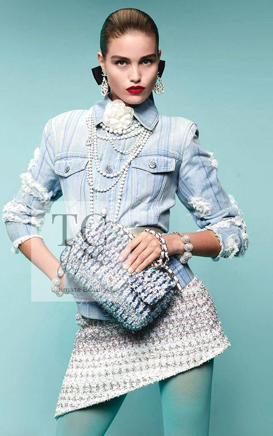CHANEL 18S Light Blue Cotton Wash Denim Camellia Jacket Skirt Suit Set Up 36 38 シャネル ライト ブルー コットン デニム ウォッシュ カメリア ジャケット スカート スーツ セット アップ 即発