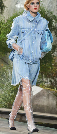 CHANEL 18S Light Blue Cotton Wash Denim Camellia Jacket Skirt Suit Set Up 36 38 シャネル ライト ブルー コットン デニム ウォッシュ カメリア ジャケット スカート スーツ セット アップ 即発