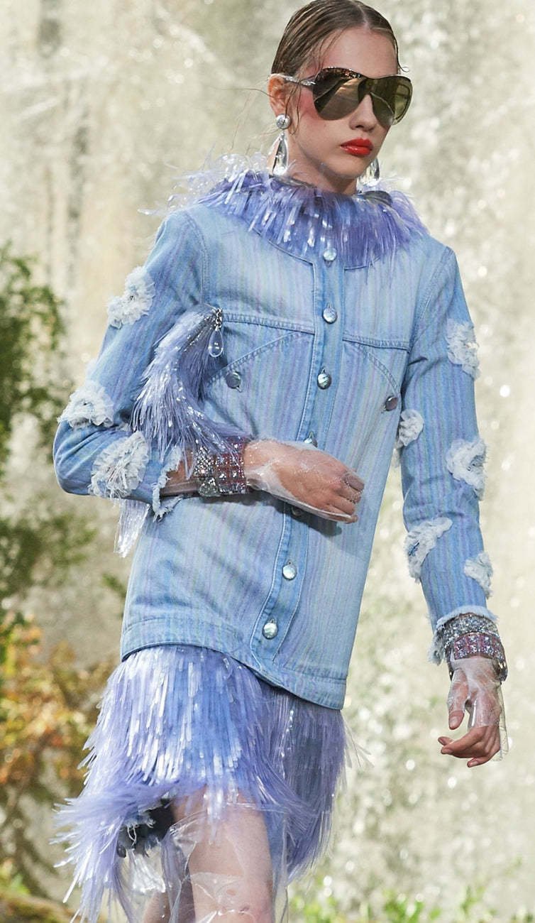 CHANEL 18S Light Blue Cotton Wash Denim Camellia Jacket Skirt Suit Set Up 36 38 シャネル ライト ブルー コットン デニム ウォッシュ カメリア ジャケット スカート スーツ セット アップ 即発