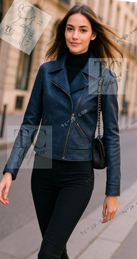 CHANEL 17PS Navy Lambskin Leather Zipper Motorcycle Jacket 36 38 シャネル ネイビー ラムスキン レザー ダブル ジッパー ライダース ジャケット 即発