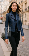 CHANEL 17PS Navy Lambskin Leather Zipper Motorcycle Jacket 36 38 シャネル ネイビー ラムスキン レザー ダブル ジッパー ライダース ジャケット 即発