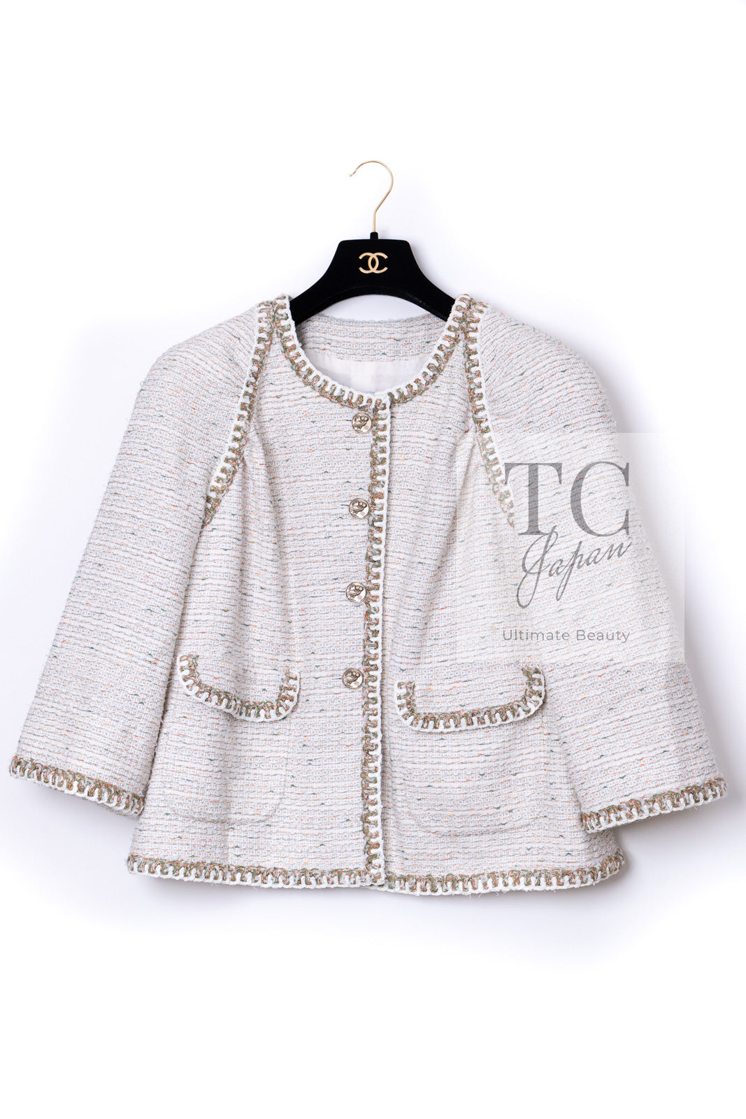 CHANEL 18C White Mix Gold Braid Trim Cotton Jacket 46 シャネル ホワイト ミックス ゴールド ブレイド トリム コットン ジャケット 即発