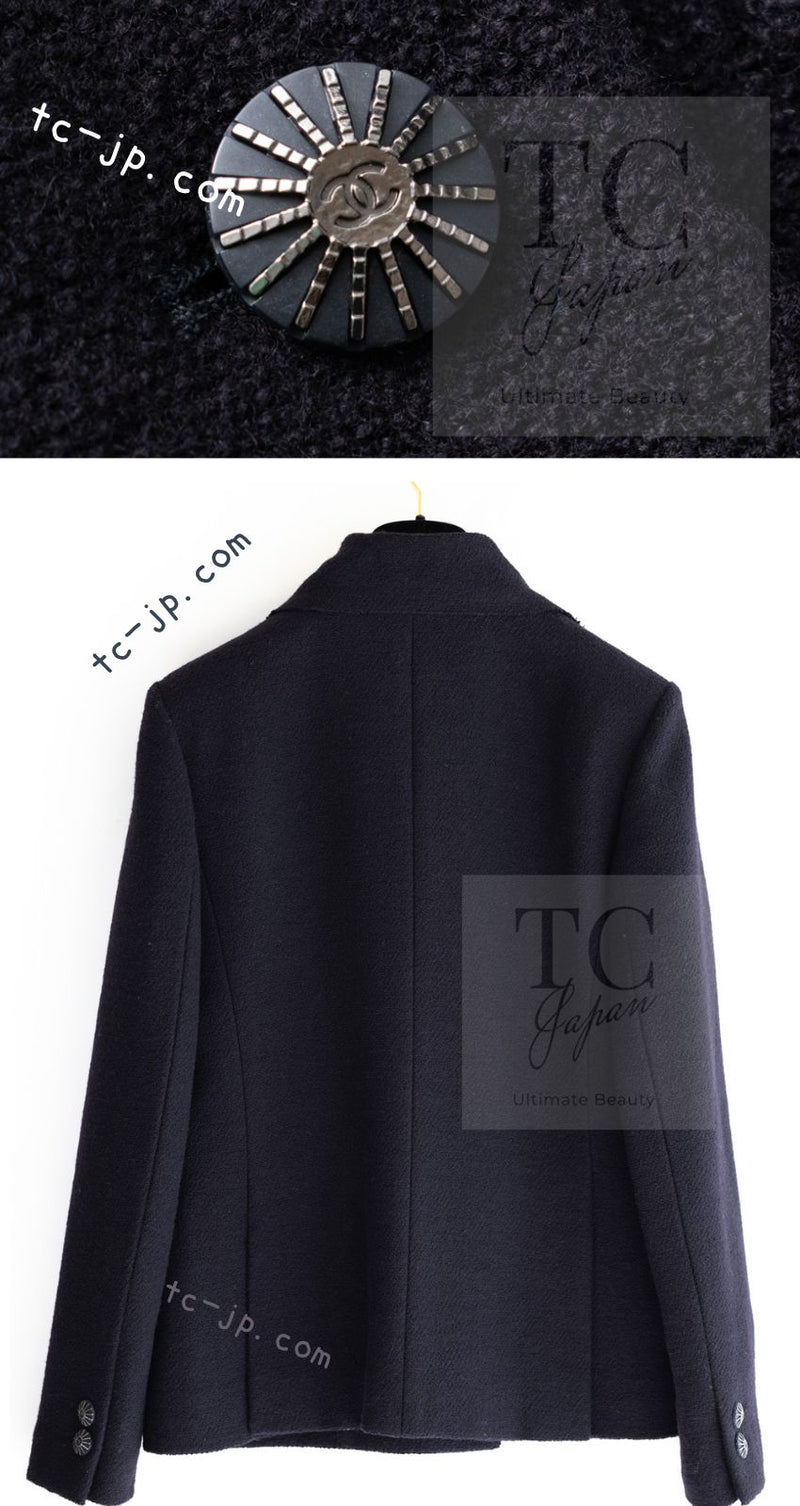 CHANEL 16B Dark Navy Bow Accents Wool Tweed Jacket 40 シャネル ダーク ネイビー リボン装飾 ウール ツイード ジャケット 即発