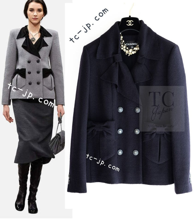 CHANEL 16B Dark Navy Bow Accents Wool Tweed Jacket 40 シャネル ダーク ネイビー リボン装飾 ウール ツイード ジャケット 即発