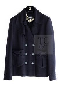 CHANEL 16B Dark Navy Bow Accents Wool Tweed Jacket 40 シャネル ダーク ネイビー リボン装飾 ウール ツイード ジャケット 即発