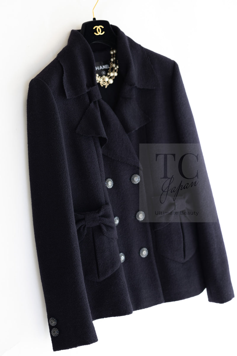 CHANEL 16B Dark Navy Bow Accents Wool Tweed Jacket 40 シャネル ダーク ネイビー リボン装飾 ウール ツイード ジャケット 即発