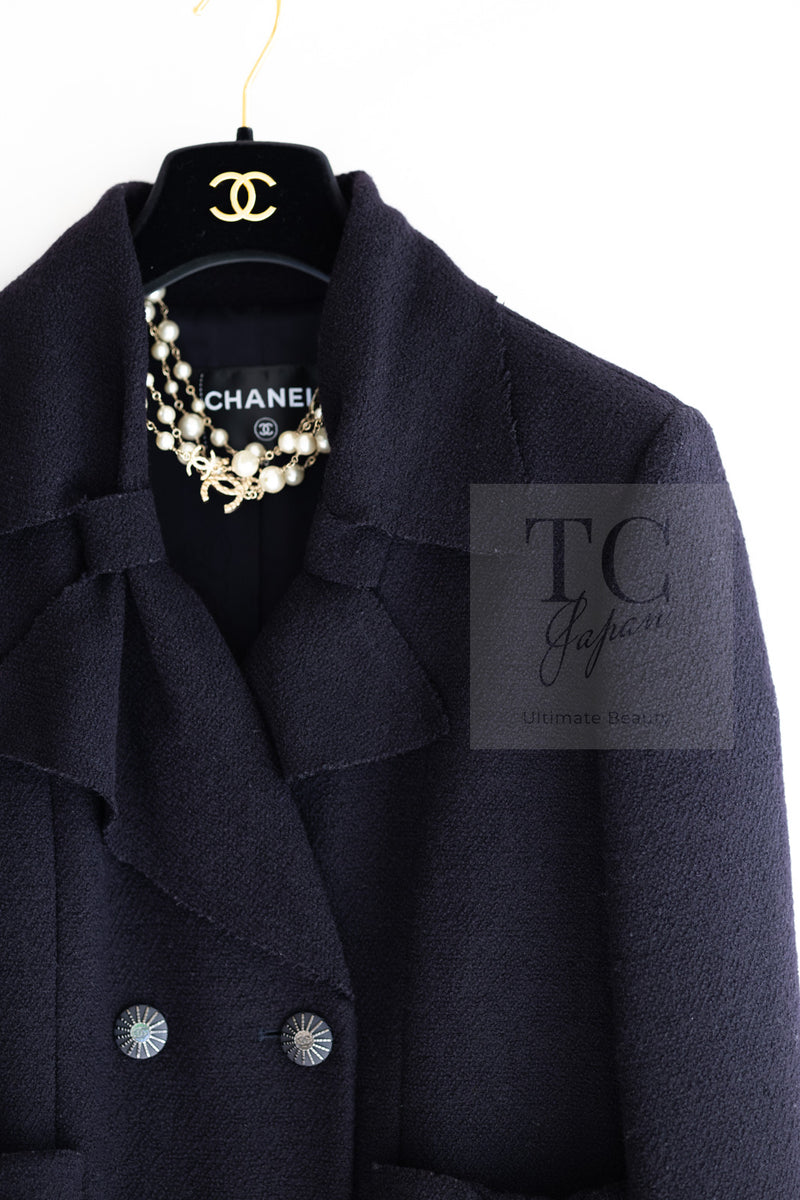 CHANEL 16B Dark Navy Bow Accents Wool Tweed Jacket 40 シャネル ダーク ネイビー リボン装飾 ウール ツイード ジャケット 即発